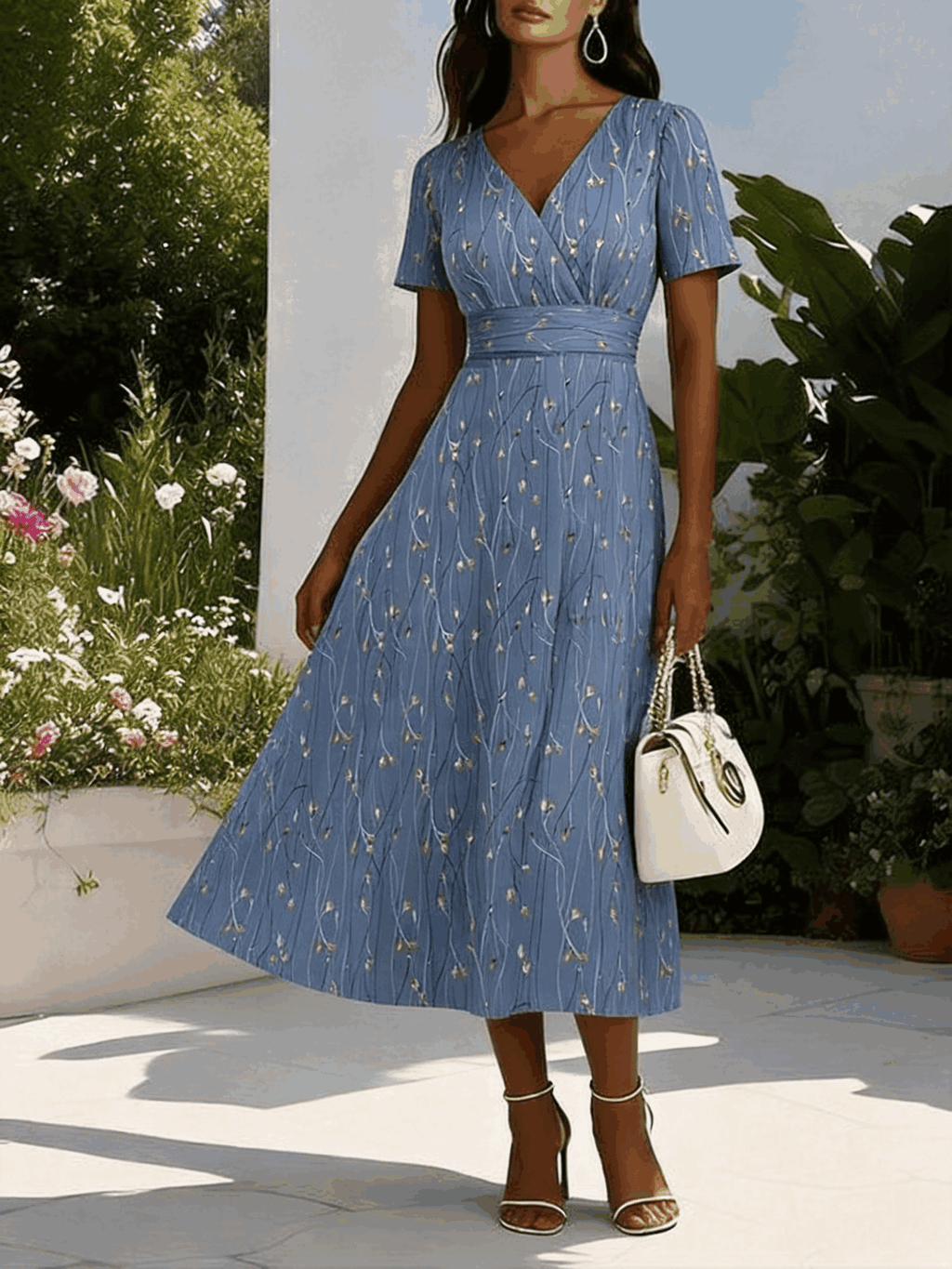 Women Leaf Summer Dress V Neck Short Sleeve Beach Dress A-Line Dress