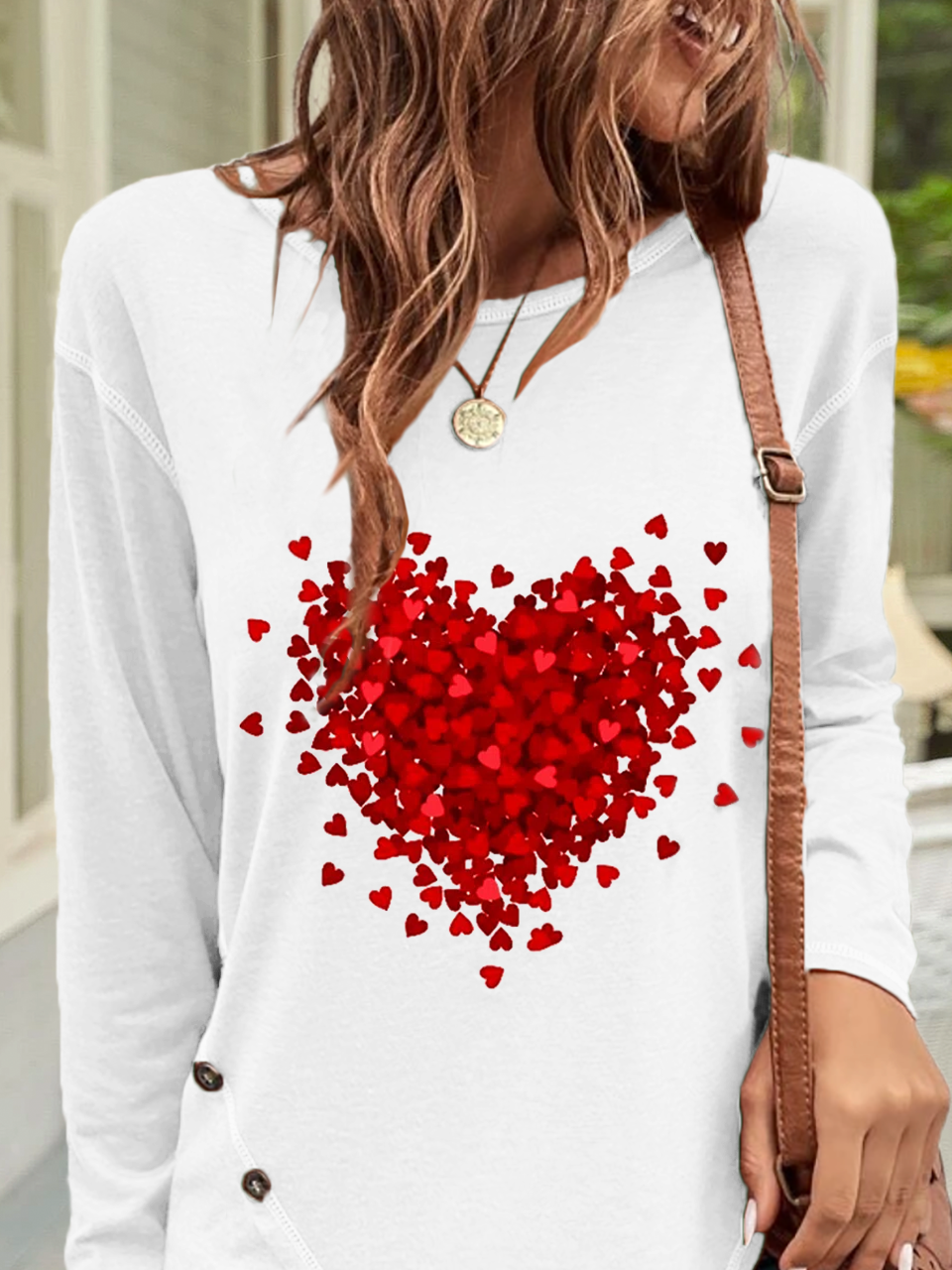 Valentine's Day Buttoned Heart Print Jersey Basic Daily Casual Crew Neck Long Sleeve T-Shirt