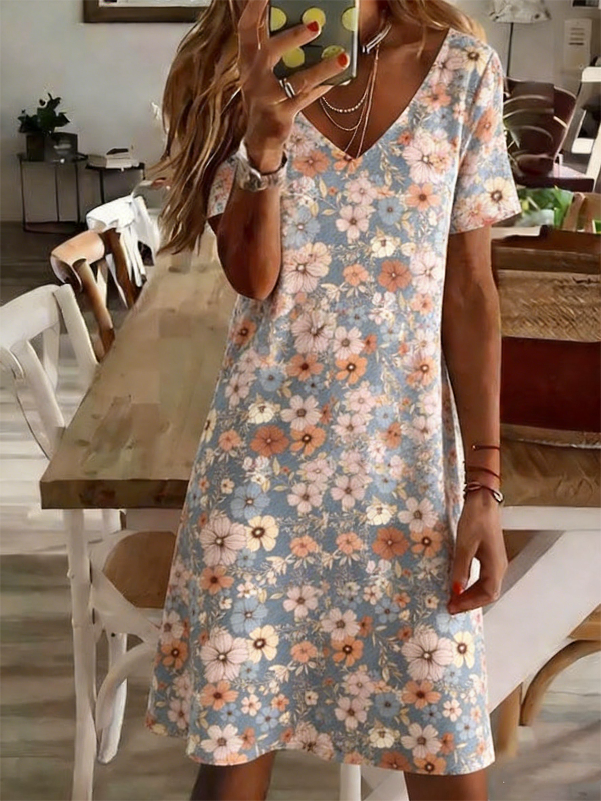 V Neck Elegant Loose Dress With No