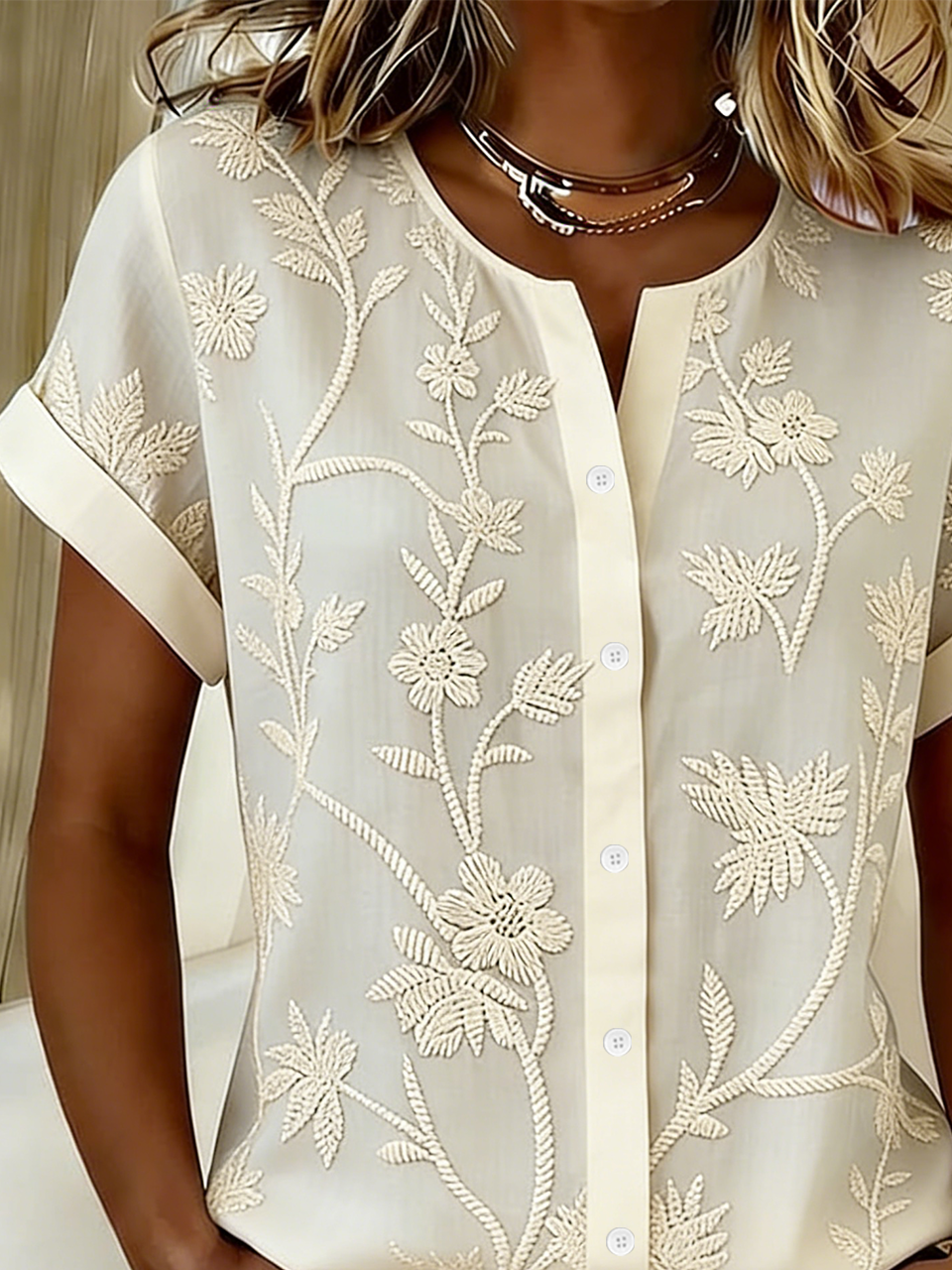 Women's V-Neck Button-Down Printed Short-Sleeve Shirt