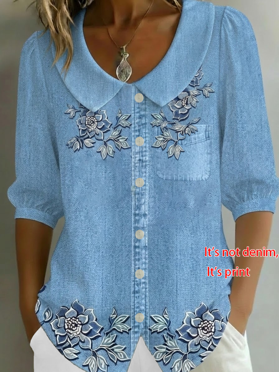Women's Half Sleeve Shirt Summer Blue Floral Printing Shawl Collar Daily Going Out Casual Top