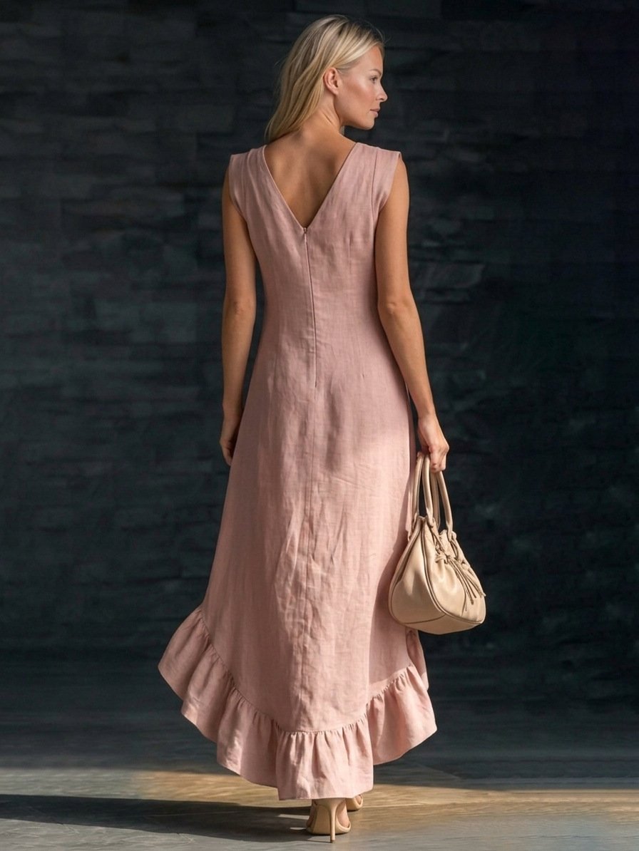 Cotton-Blend V Neck Elegant Loose Dress With No