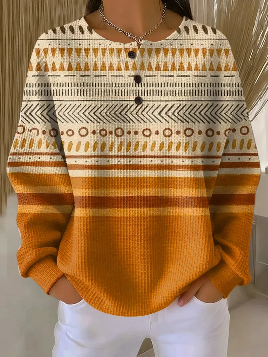 Women's Abstract Print Button-Up Casual Waffle Knit Sweatshirt