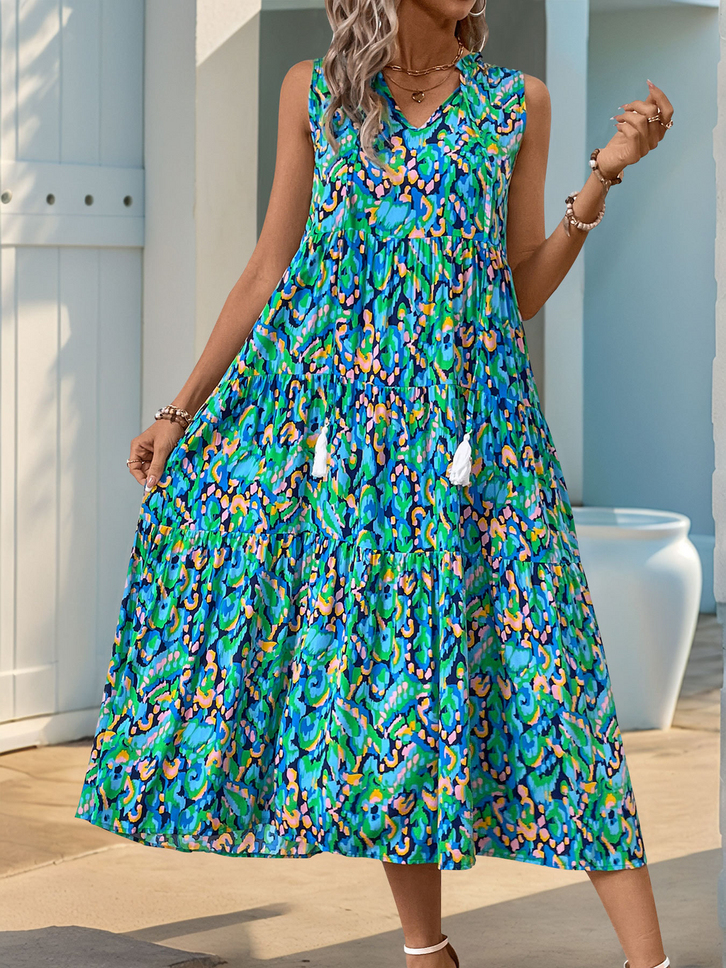 Ethnic Geometry Casual Viscose V Neck Sleeveless Vacation Summer Elegant Maxi Dress