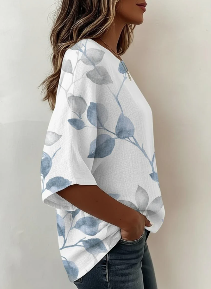 Loose Crew Neck Elegant Leaf Shirt