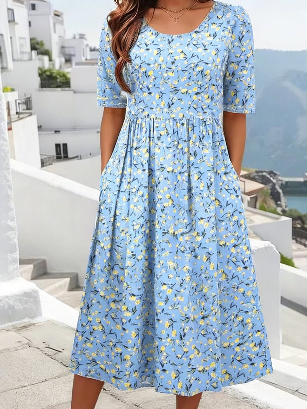 Floral Printing Short Sleeve Crew Neck Summer Casual Maxi Dress