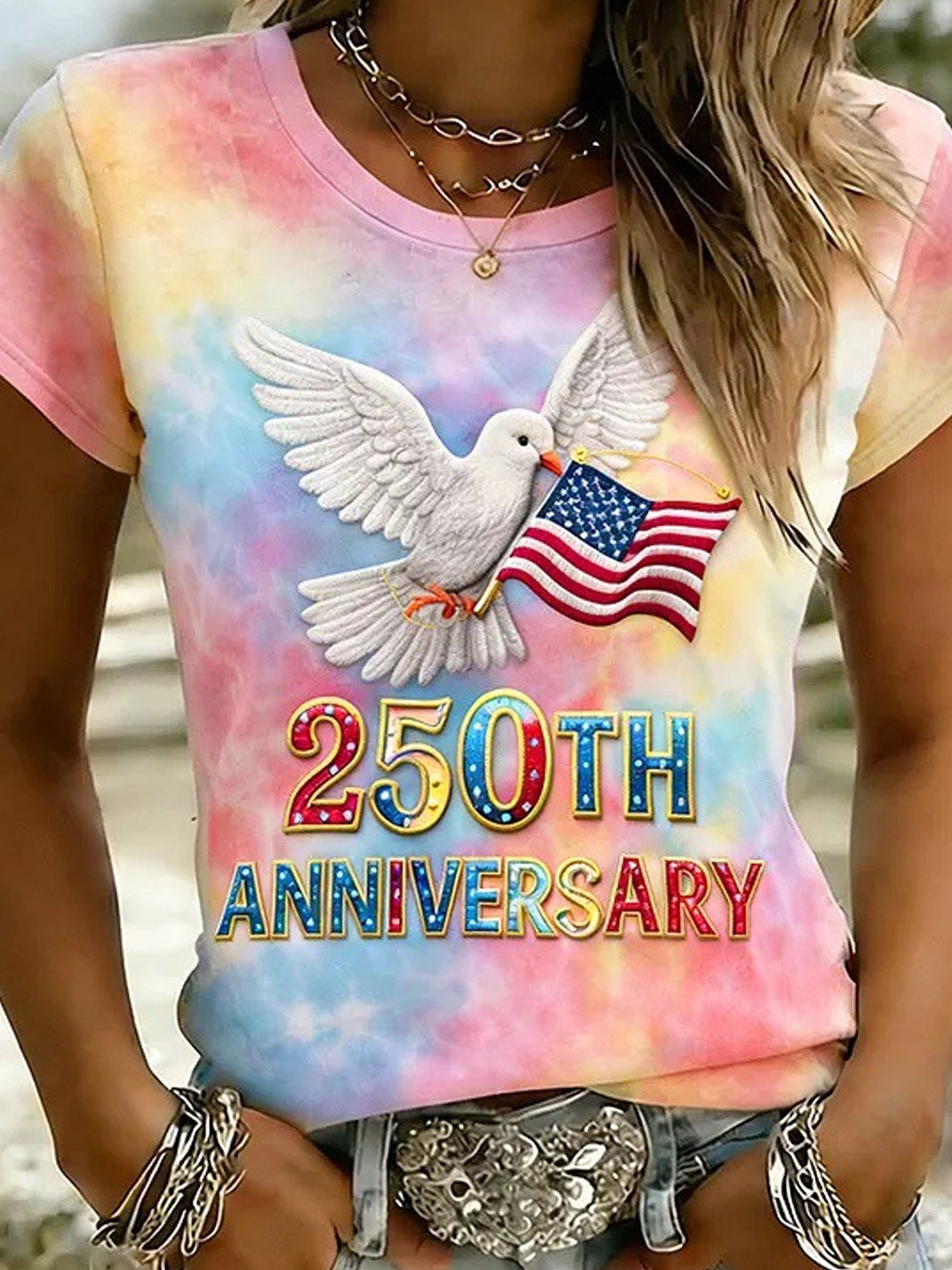 3D Printing America Flag Vintage Crew Neck Eagle Old Glory Jersey Colorful 250th Anniversary T-Shirt