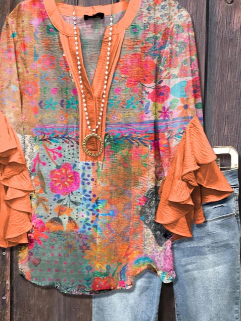 Women's Half Sleeve Shirt Summer Orange Floral Printing V Neck Daily Going Out Casual Top