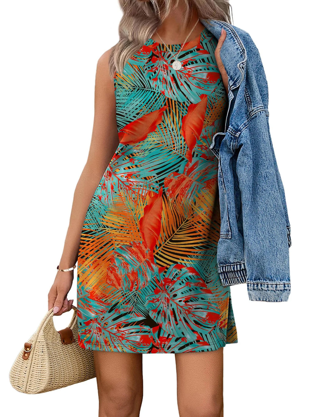 Maple Leaf Crew Neck Sleeveless Tank Dress Casual Dress Summer Spring Boho Vacation Clothes