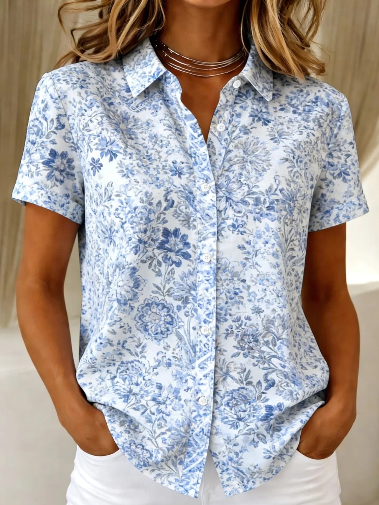 Women's Short Sleeve Shirt Summer Blue Floral Printing Shirt Collar Daily Going Out Casual Top