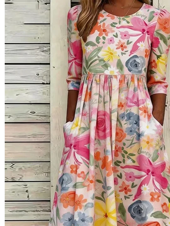 Loose Floral Casual Crew Neck Dress With No