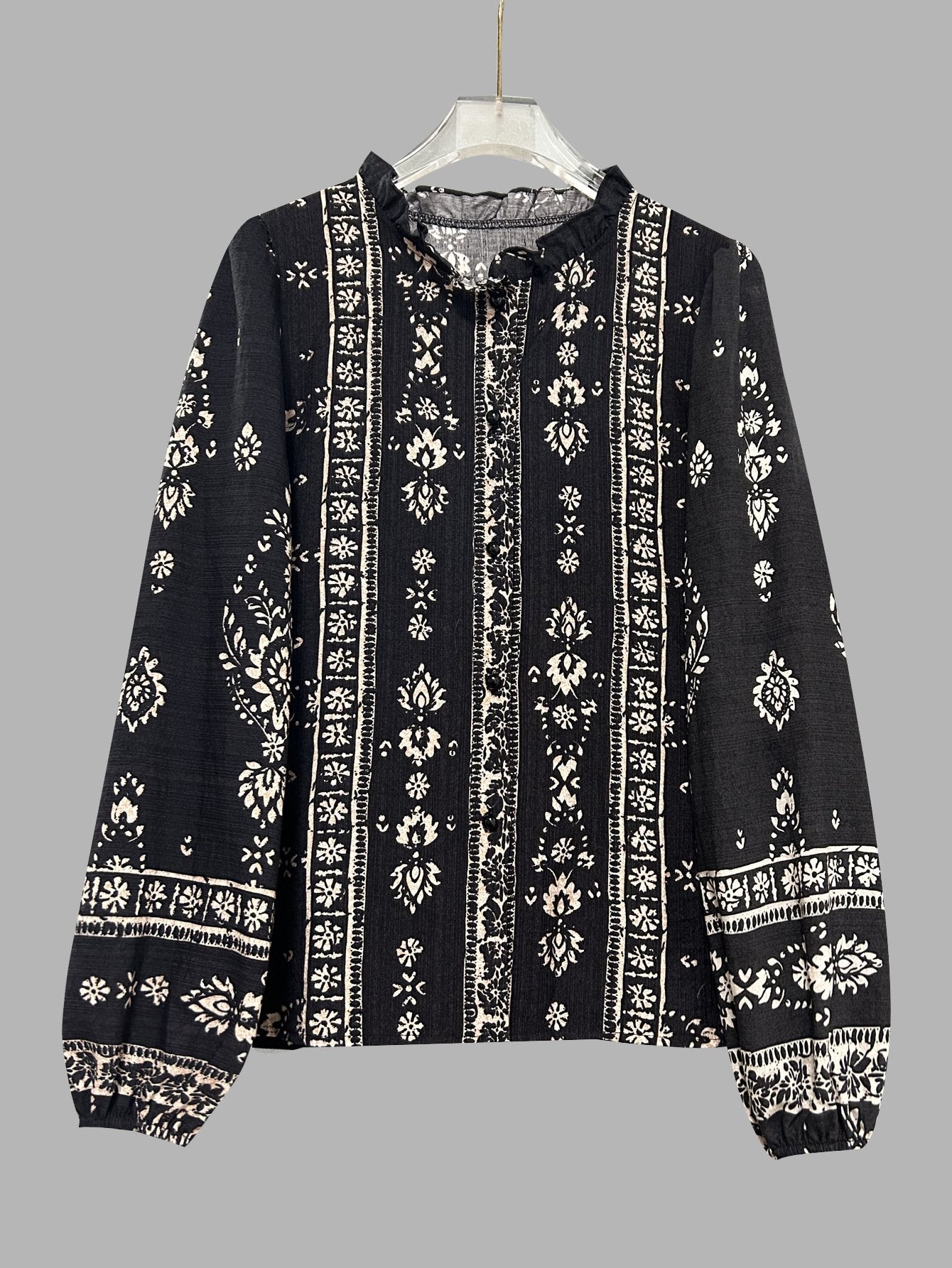 Loose Elegant Balloon Sleeve Cotton-Blend Floral Shirt