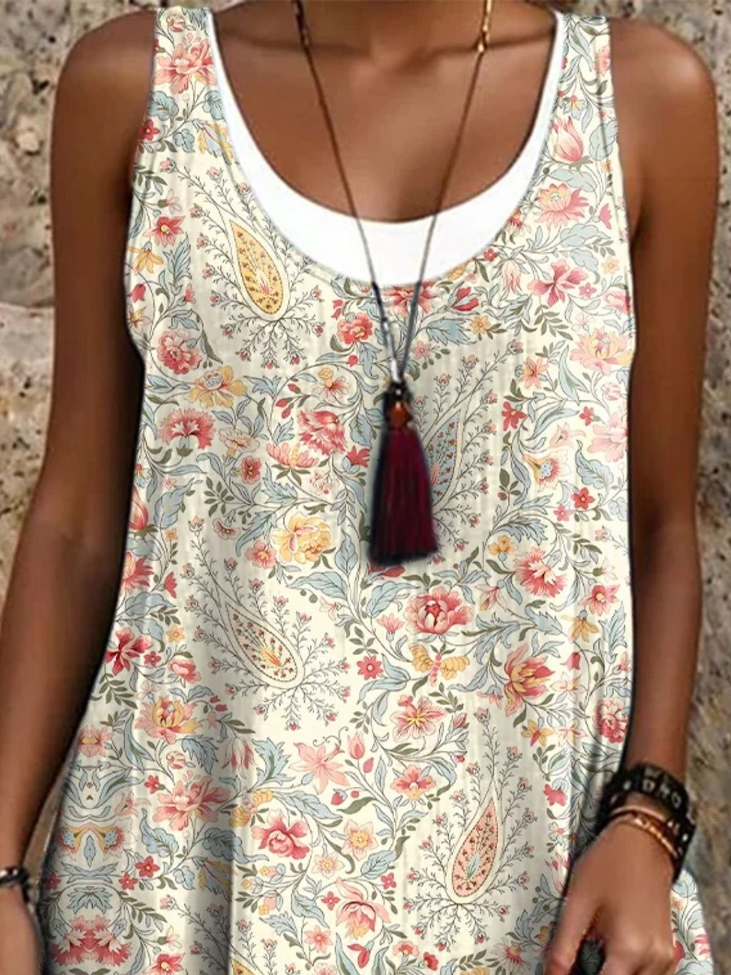 Boho Floral Paisley Sleeveless Tank Dress - Casual Summer Flowy Sundress