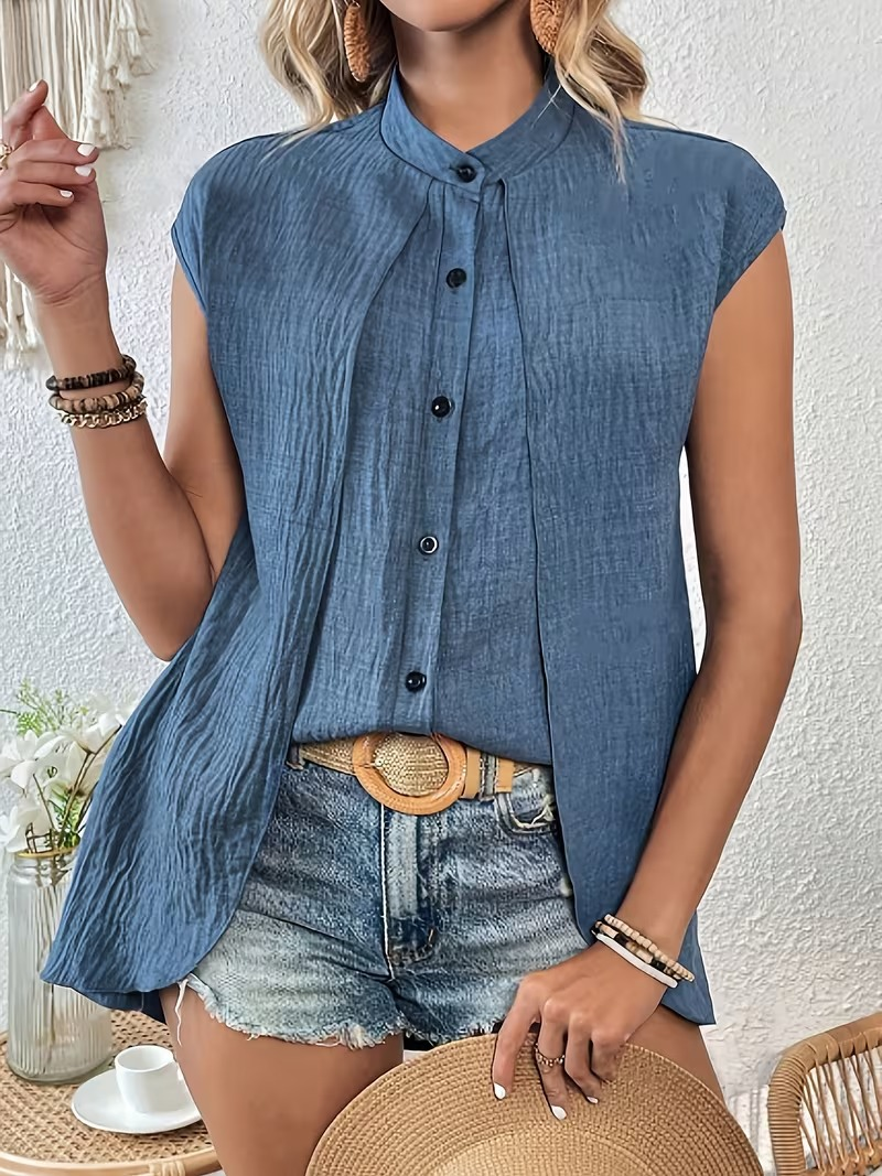 Plain Elegant Fake 2in 1 Stand Collar Short Sleeve Button Casual Shirt