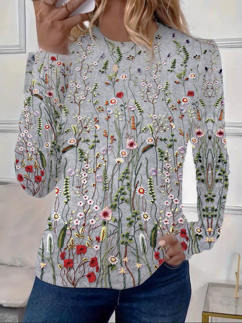 Women's Long Sleeve T-shirt Spring/Fall Gray Floral Printing Jersey Crew Neck Daily Going Out Casual Top