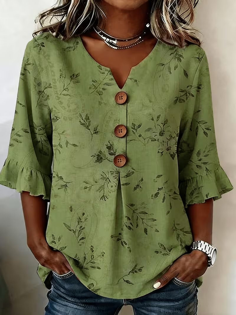 Women's Half Sleeve Blouse Summer Green Floral Printing V Neck Daily Going Out Vintage Top