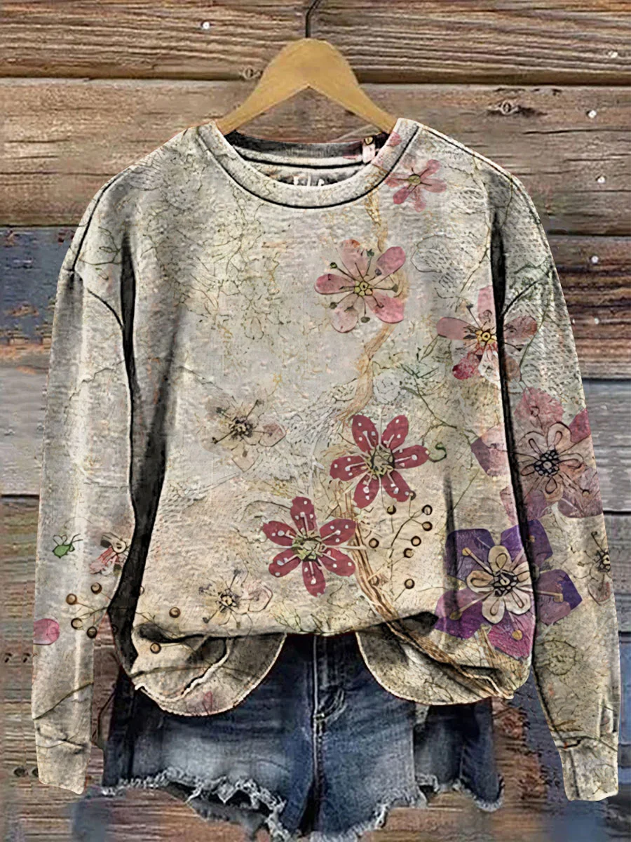 Crew Neck Floral Loose Casual Sweatshirt