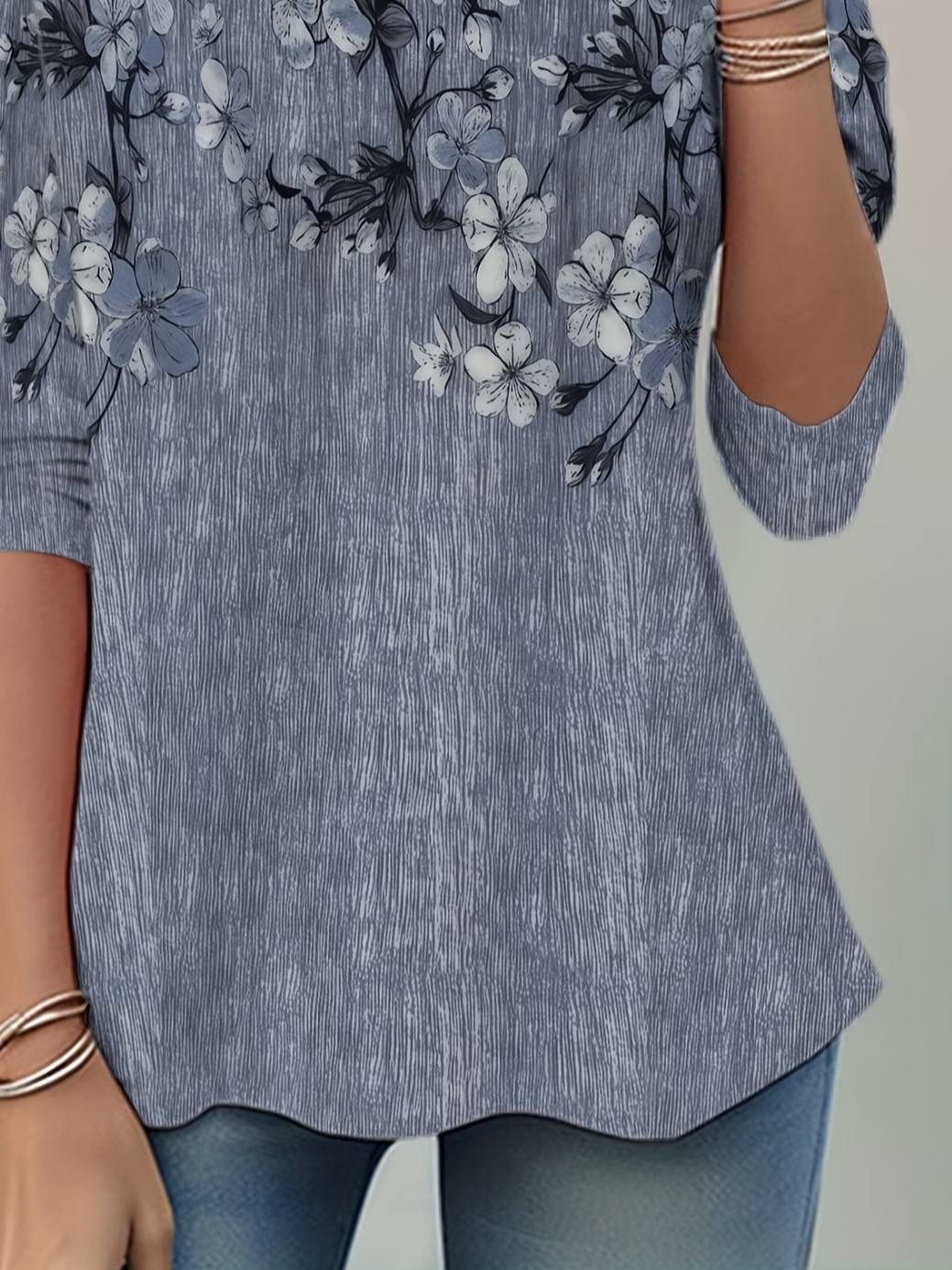 Women's Long Sleeve T-shirt Spring/Fall Gray Floral Jersey Crew Neck Daily Going Out Casual Top