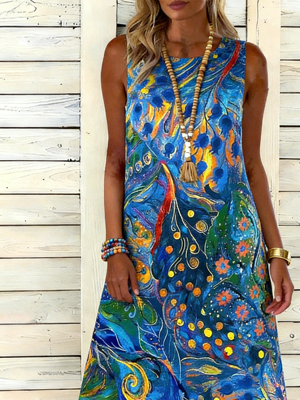 Casual Psychedelic Art Cotton Dress With No