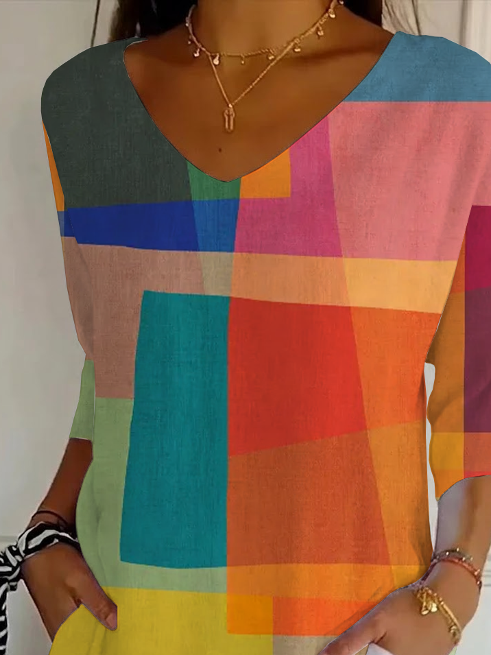 Women's Three Quarter Sleeve T-shirt Spring/Fall As Picture Abstract Printing V Neck Daily Going Out Casual Top