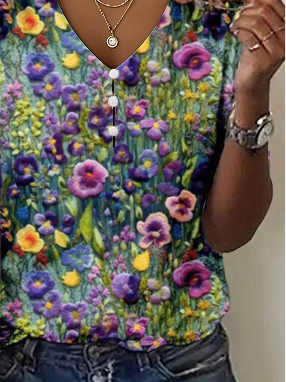Print Casual V Neck Short Sleeve T-Shirt