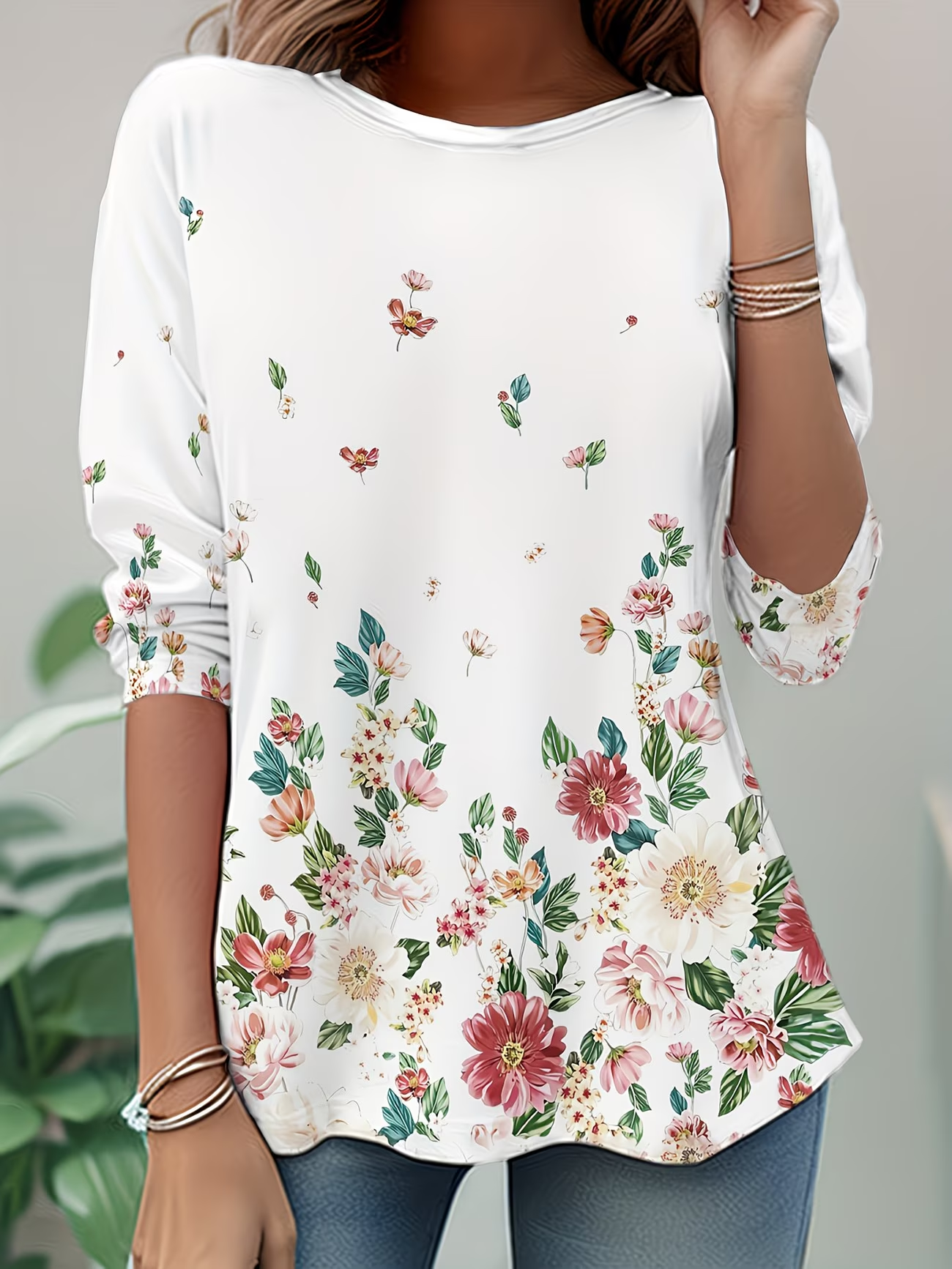 Women's Long Sleeve T-shirt Spring/Fall White Floral Jersey Crew Neck Daily Going Out Casual Top