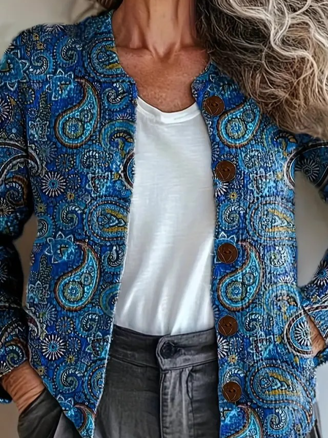 Crew Neck Casual Paisley Knitted Cardigan