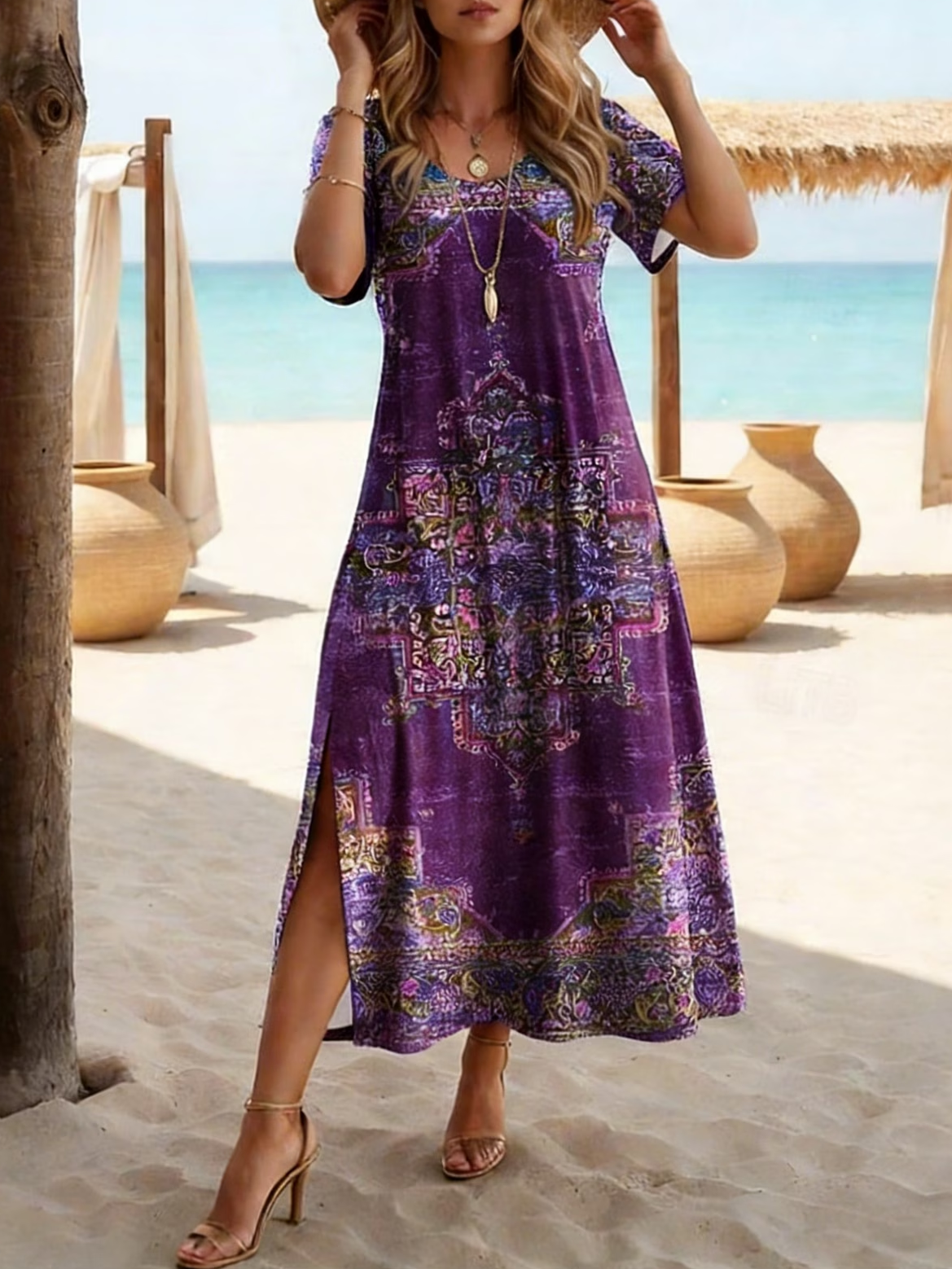 Women's Short Sleeve Summer Purple Abstract Printing Crew Neck Daily Going Out Casual Maxi H-Line T-Shirt Dress Dress