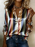 Women's Long Sleeve Shirt Spring/Fall As Picture Striped Shawl Collar Daily Going Out Casual Top