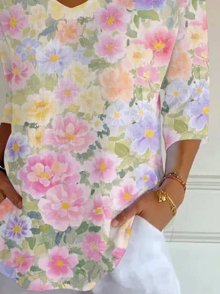 Women's Three Quarter Sleeve T-shirt Spring/Fall As Picture Floral Printing V Neck Daily Going Out Casual Top