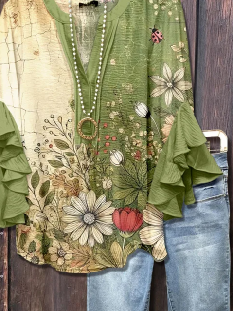 Women's Half Sleeve Shirt Summer Green Floral Printing V Neck Daily Going Out Casual Top