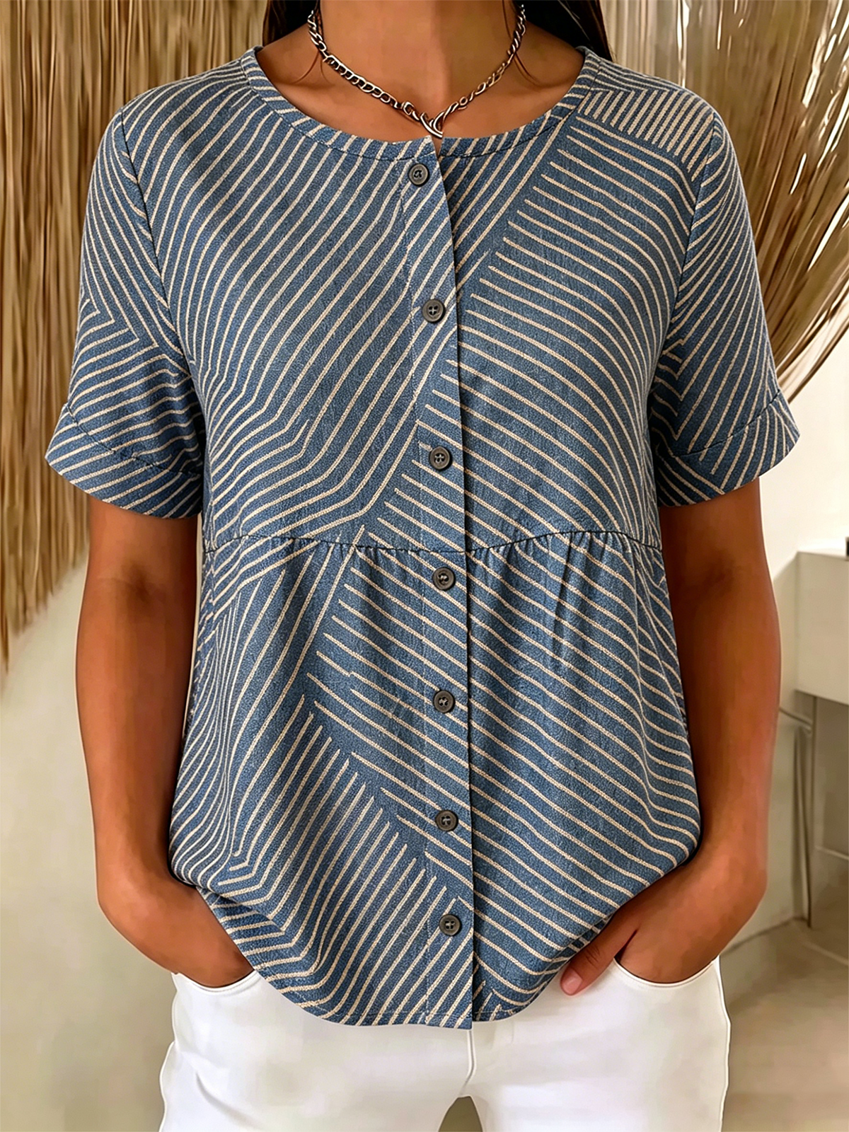 Casual Loose Crew Neck Striped Shirt