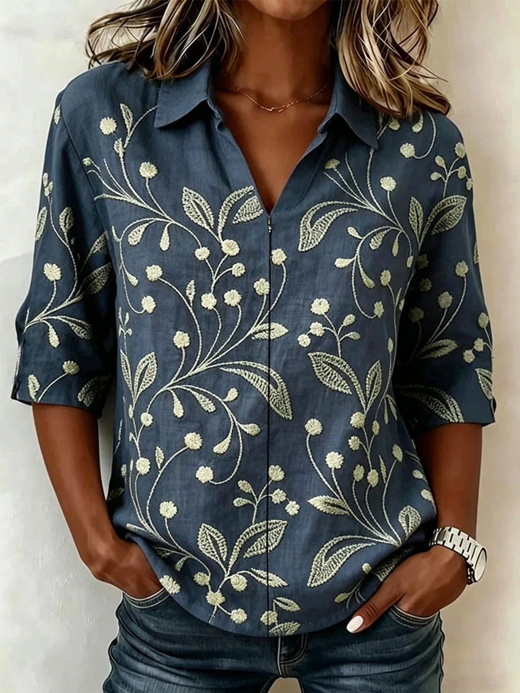 Loose Floral Shawl Collar Elegant Shirt