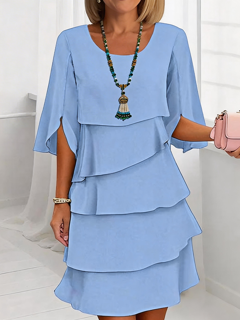 Women's Light Blue Layered Ruffle Dress Round Neck 3/4 Split Sleeve Casual Shift Dress