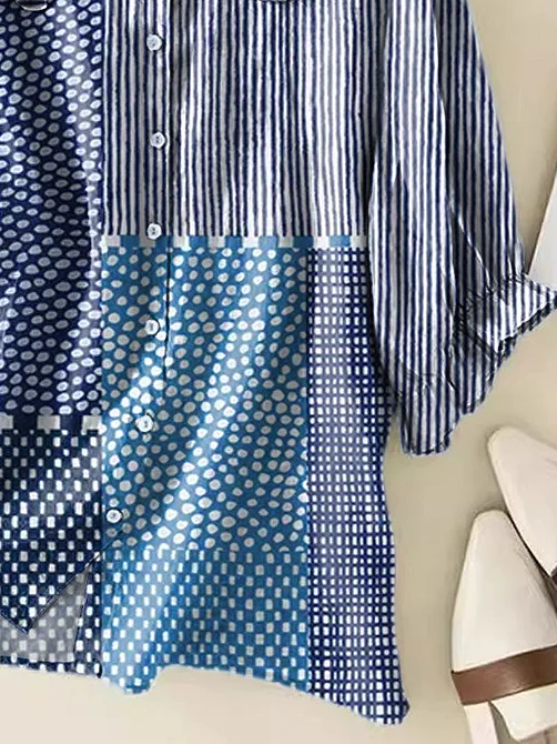 Women's Polka Dot Stripe Stitching Print Casual Peter Pan Collar Shirt