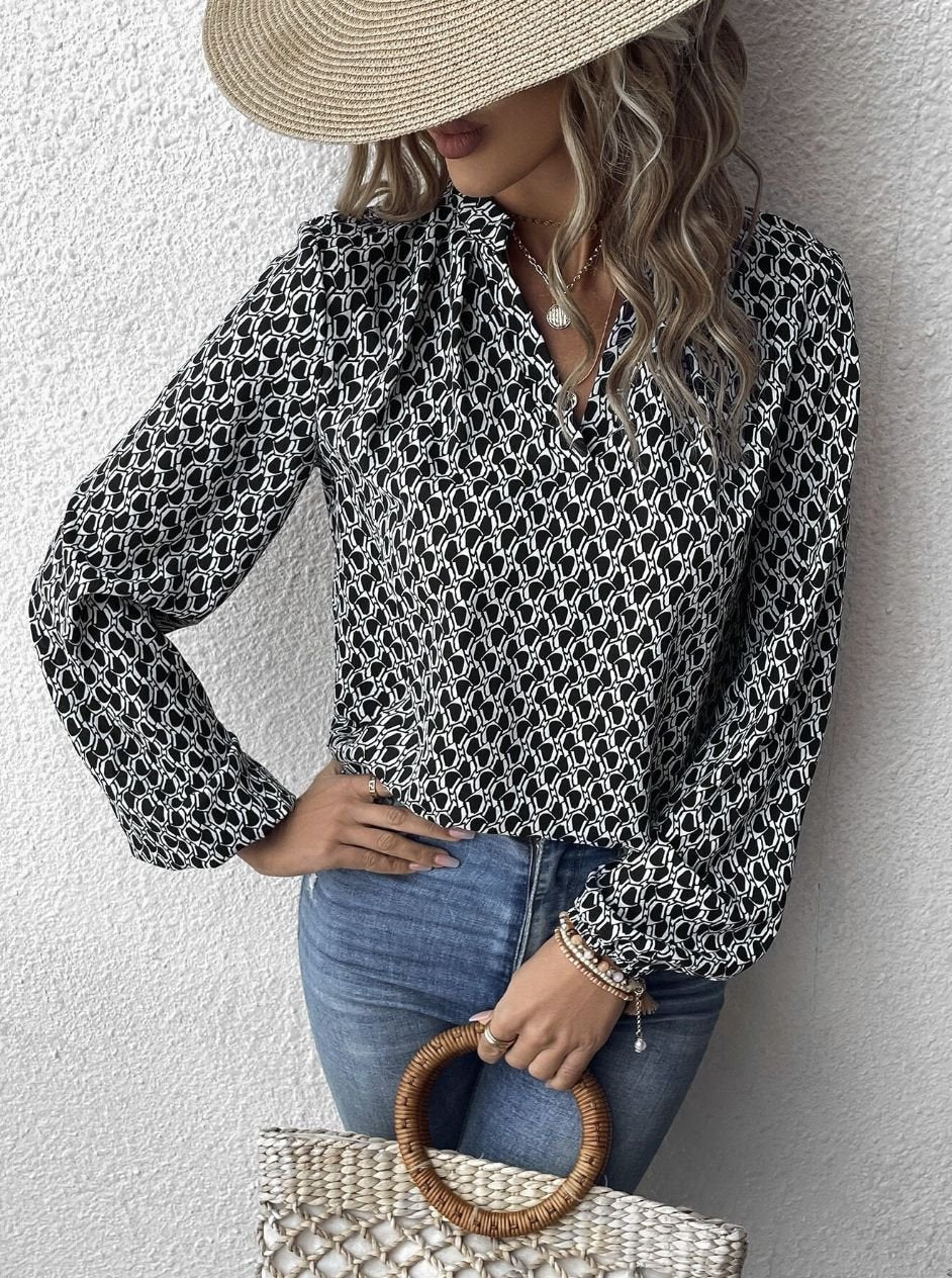 Women's Long Sleeve Shirt Spring/Fall Green Geometric Split Joint V Neck Balloon Sleeve Daily Going Out Casual Top