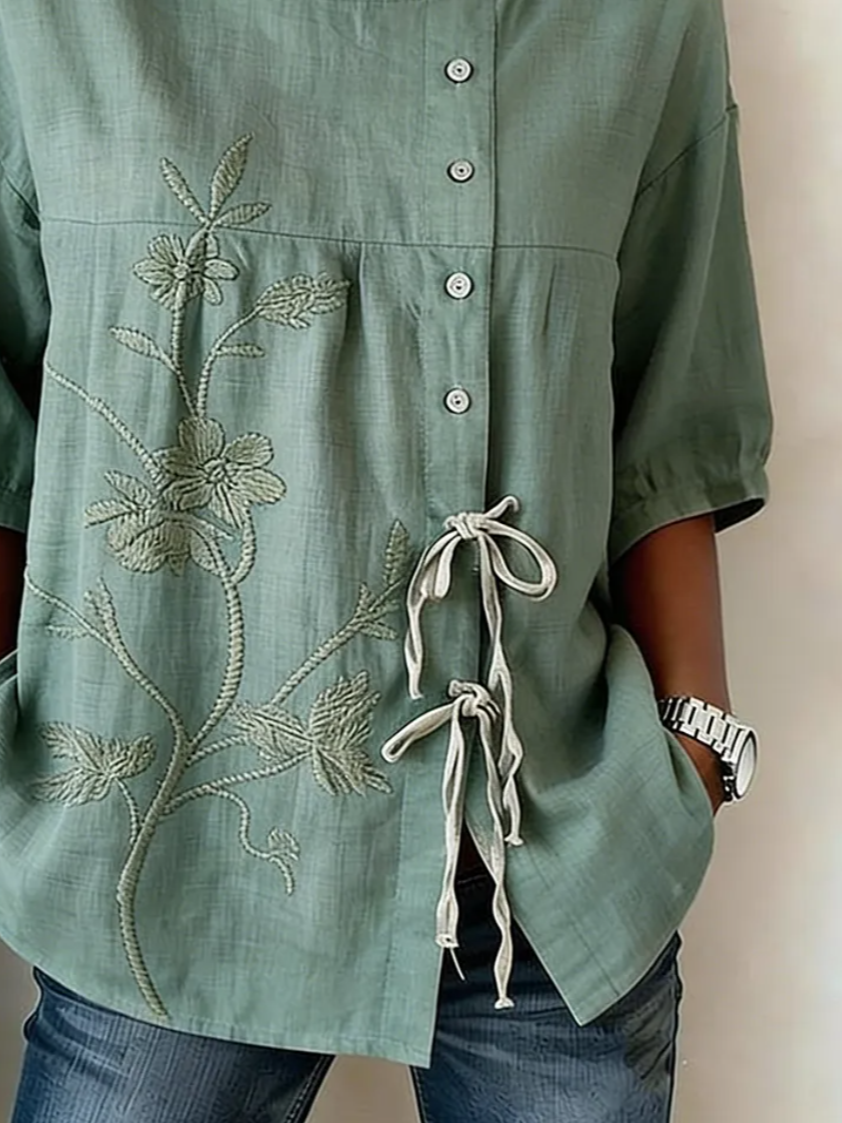 Elegant Loose Floral Linen Blend Blouse