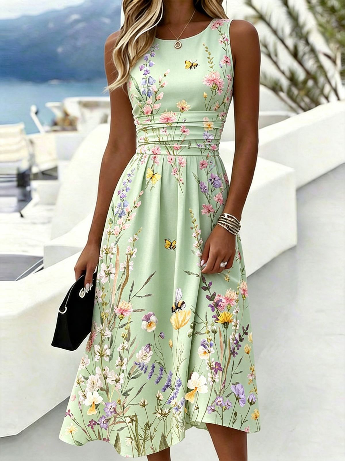 Botanical Pattern Vacation Regular Fit Crew Neck Dress With No