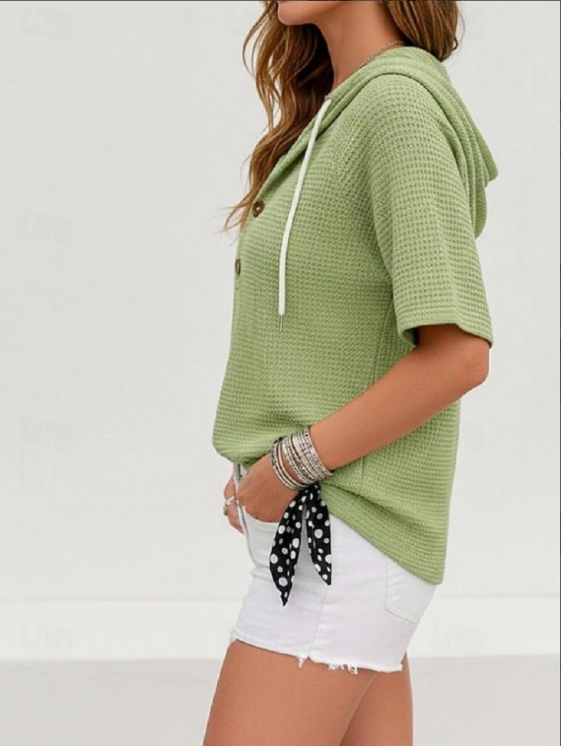 Waffle Casual Button Short Sleeve Casual Hoodie Blouse