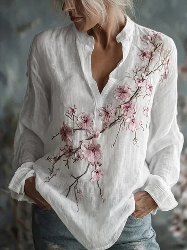 Women's Vintage Flowers Printed Linen Long Sleeve Shirt
