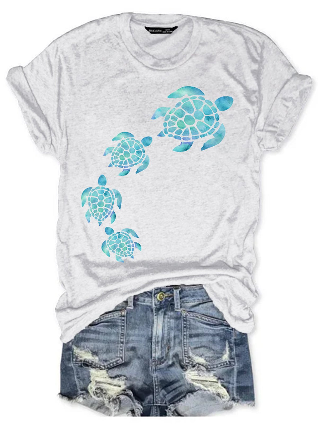 Womens Sea Turtle Watercolor Blue Print Casual T-Shirt