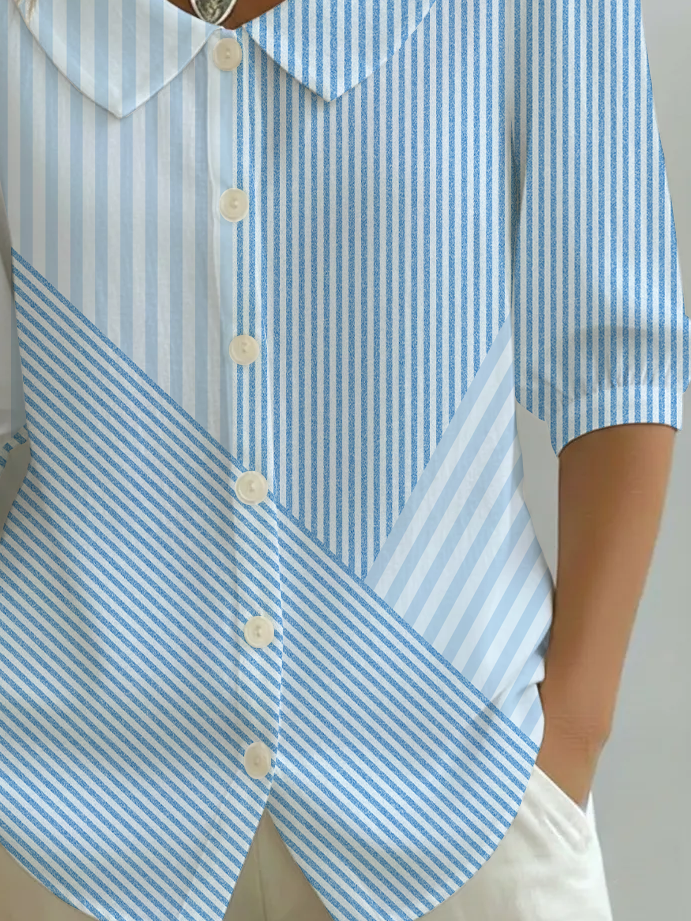 Women's Half Sleeve Shirt Summer Blue Striped Printing Shawl Collar Daily Going Out Casual Top