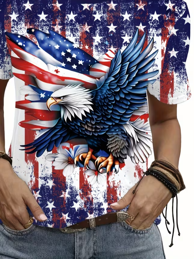 Women's Short Sleeve T-shirt Summer Blue America Flag Printing Jersey Crew Neck Daily Going Out Casual Top
