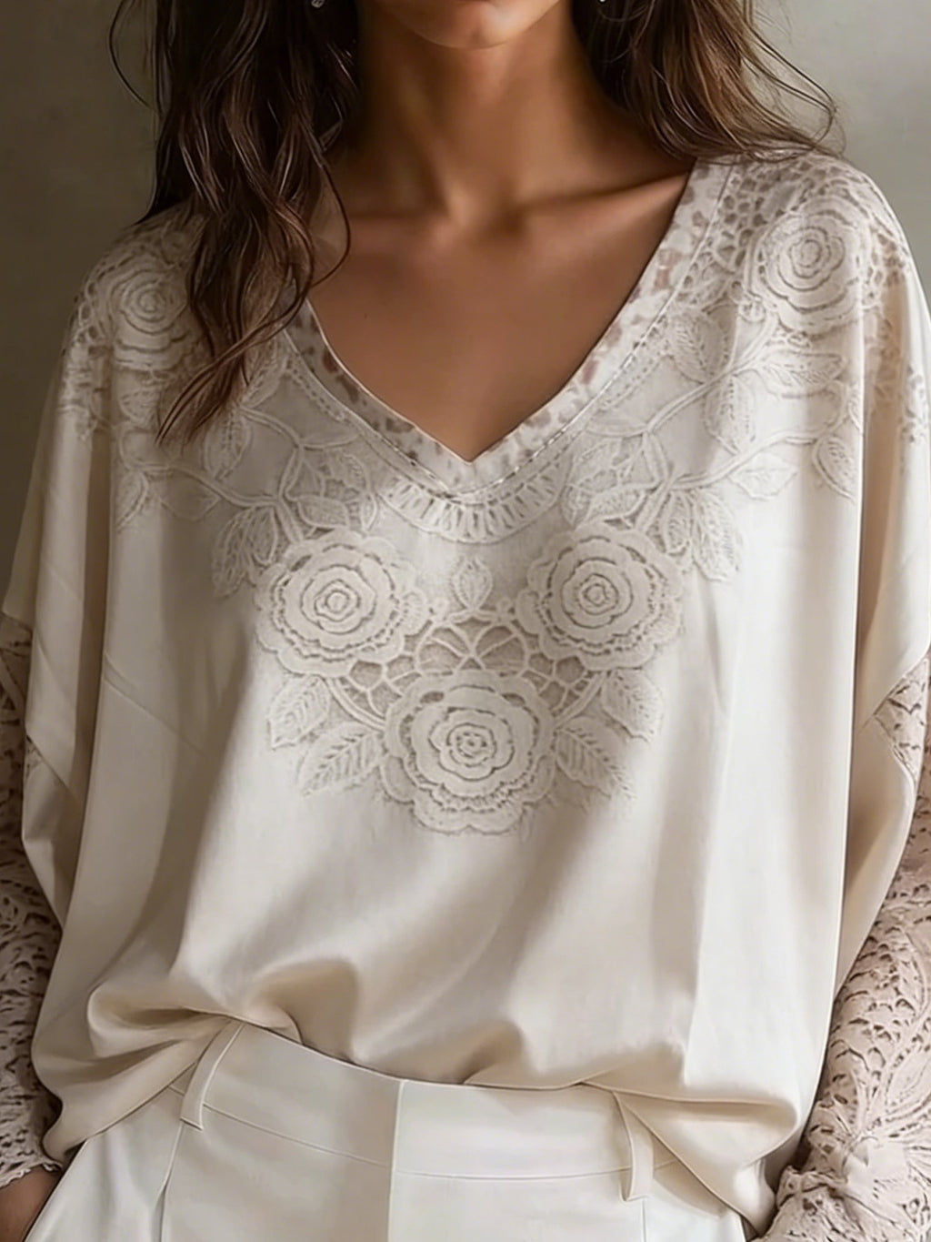 Lace Block Casual Plain V Neck Going Out Boho Top