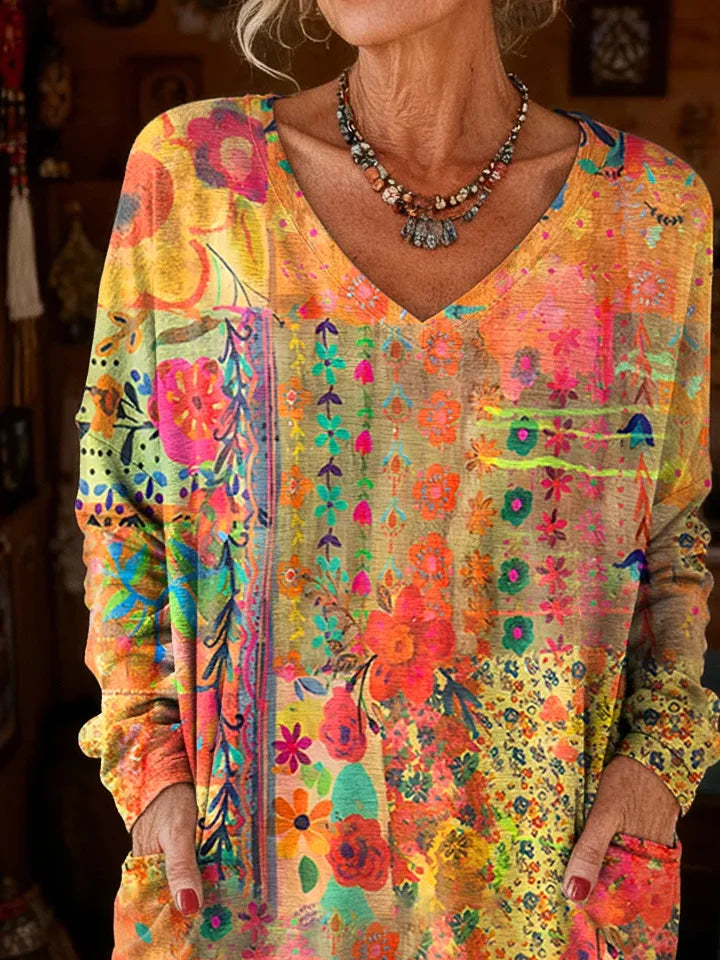 Women's Long Sleeve T-shirt Spring/Fall Yellow Floral Printing V Neck Daily Going Out Vintage Top