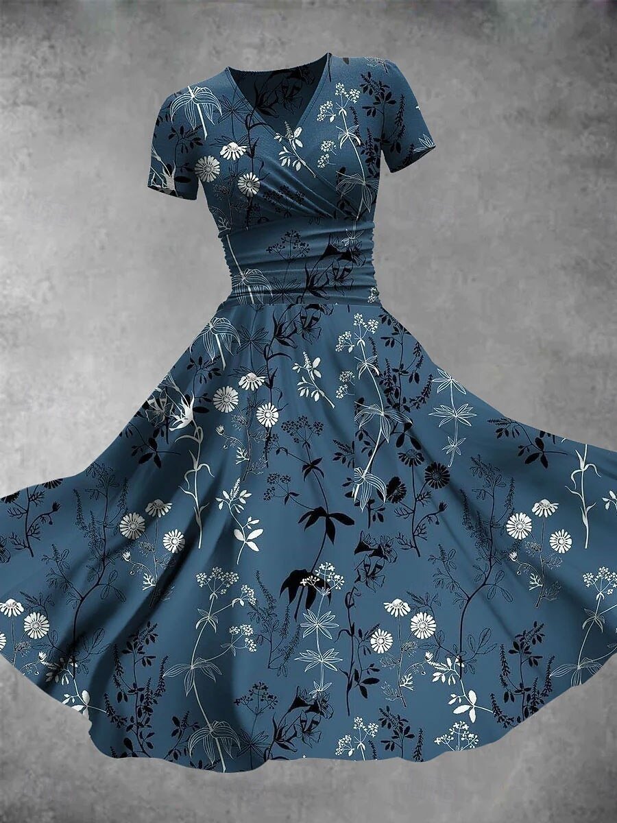 Women’s Blue Floral Print Wrap V Neck Short Sleeve Midi Dress Elegant Summer Dress