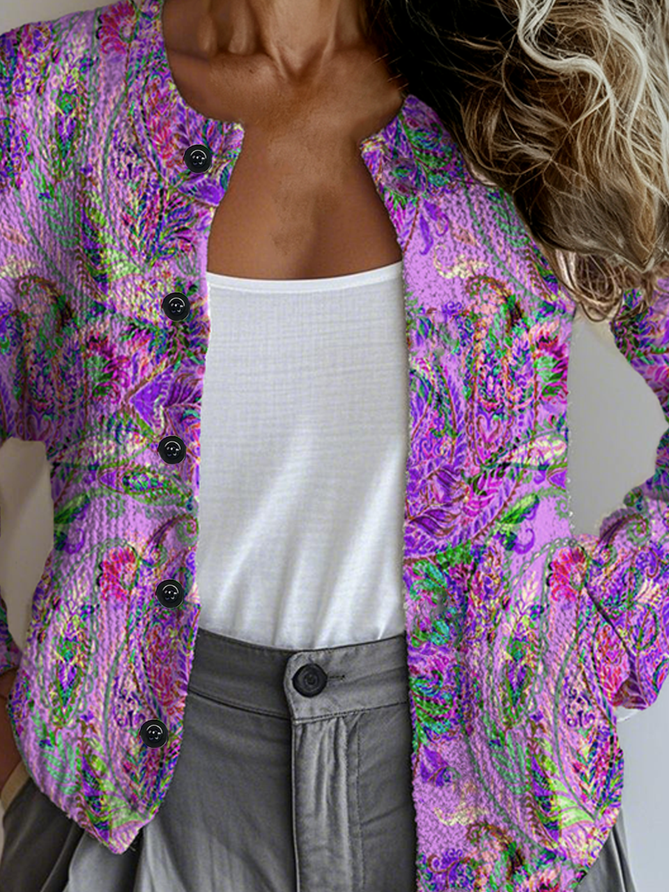 Crew Neck Knitted Ethnic Loose Cardigan