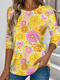 Elegant Round Neck Long Sleeve Floral Chrysanthemum Print T-Shirt