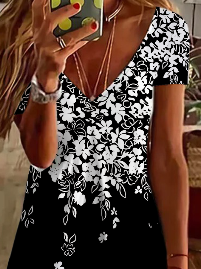 Women's Floral Spring Print Casual V Neck Short Sleeve Dress
