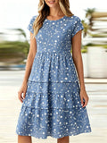 Regular Fit Cotton-Like Crease Casual Crew Neck Cap Sleeve Blue Small Floral Ruffle Dress With No